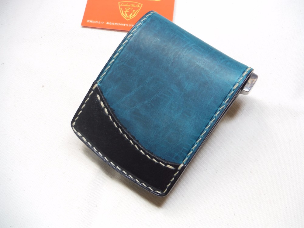 LWZ　ベーシック　ハーフウォレット　新色　濃ターコイズ×黒　手縫い