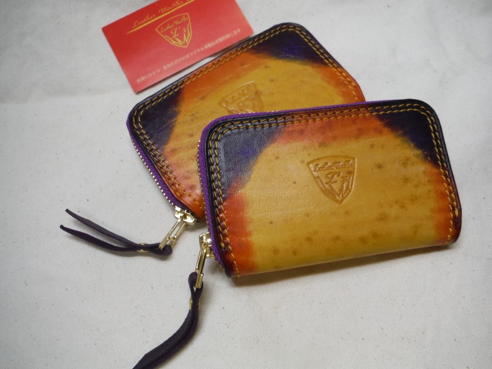 ラウンドファスナー ミニ財布　スペシャルカラー染色　馬革×牛革タンニンレザー