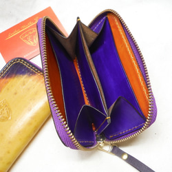 ラウンドファスナー ミニ財布　スペシャルカラー染色　馬革×牛革タンニンレザー 4枚目の画像