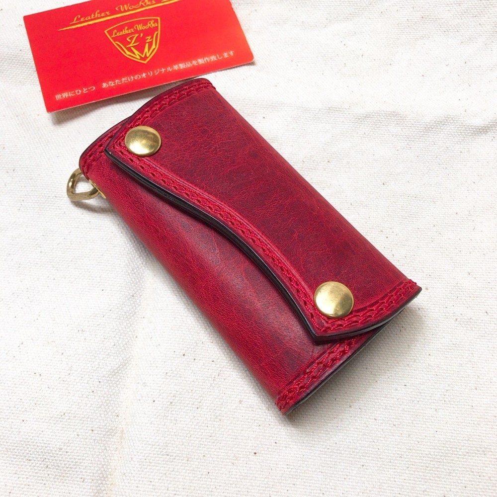 キーケース　タンニン鞣し　オイルレザー　レッド×パープル
