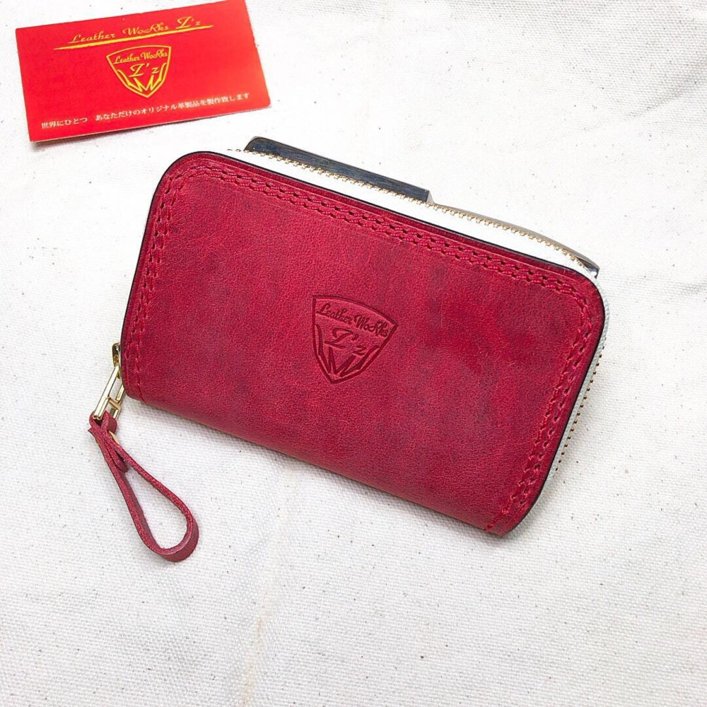 ラウンドファスナー　ミニ財布　レッド×パープル　タンニンオイルレザー