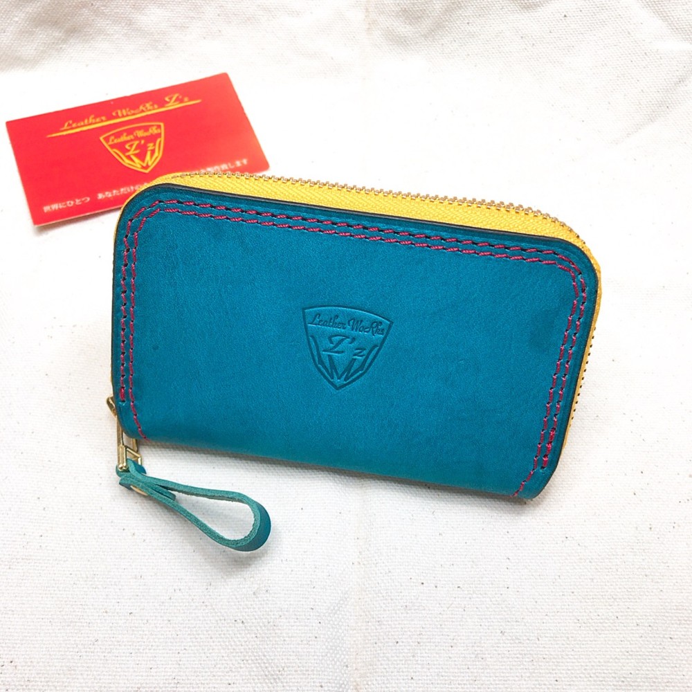 ラウンドファスナー　ミニ財布　ターコイズ×イエロー　タンニンオイルレザー