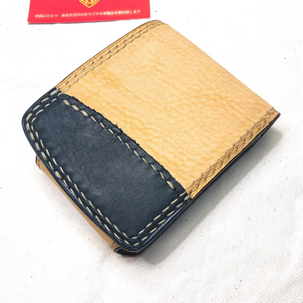 LWZ　ベーシック　ハーフウォレット　イエロー×ブラック　オイルレザー　手縫い