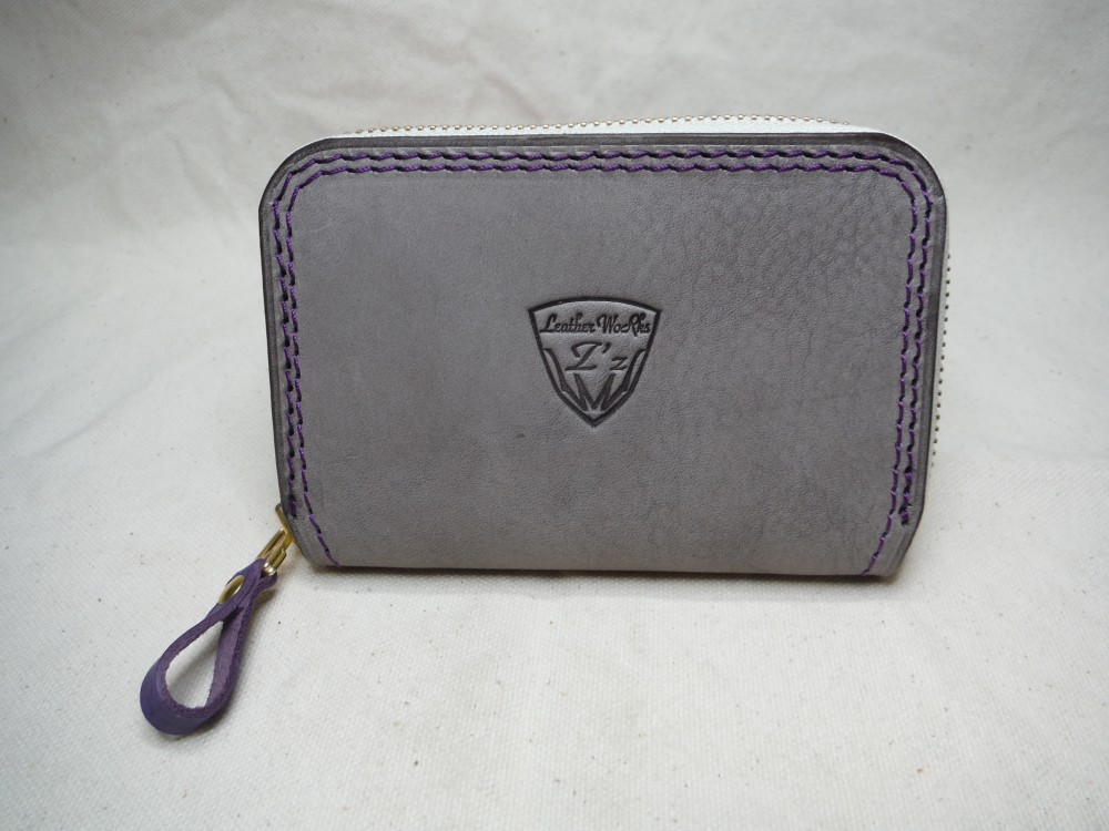 ラウンドファスナー　ハーフ財布　グレー×パープル