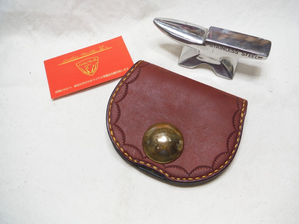 LWZベーシックモデル　ビッグ真鍮コンチョ　円形ハーフウォレット　ボルドー×グリーン　手縫い