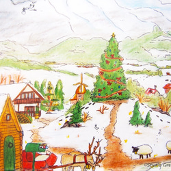 A4イラスト　クリスマスの風景　※一部手描き入れ、白フレーム付き　 2枚目の画像