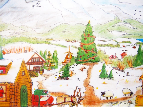 A4イラスト　クリスマスの風景　※一部手描き入れ、白フレーム付き　 2枚目の画像