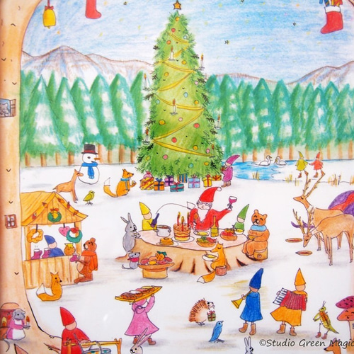 A4イラスト 森のクリスマス ※一部手描き入れ、白フレーム付き イラスト