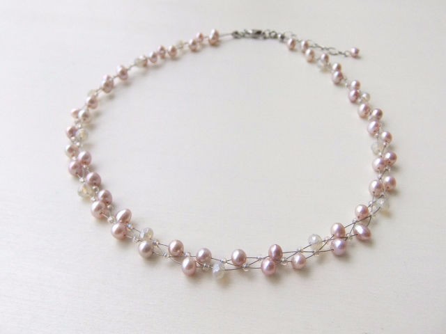 しっとり大人の淡水パールレースネックレス（ピンク）