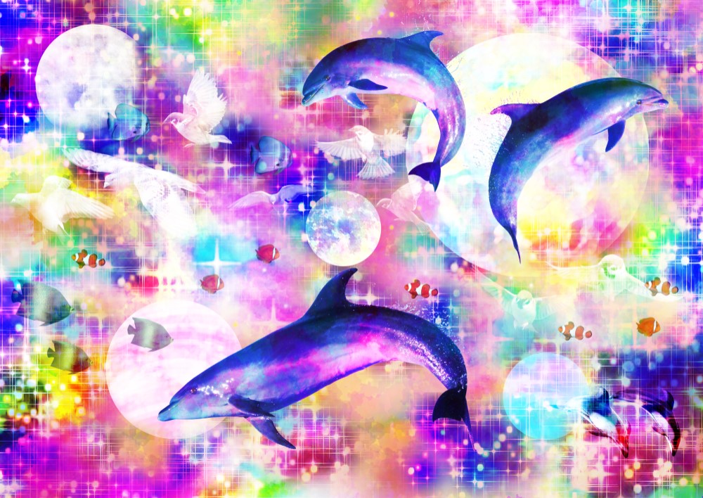 イルカ　絵 水しぶきが描かれたイルカの形をしたウォール デカールの