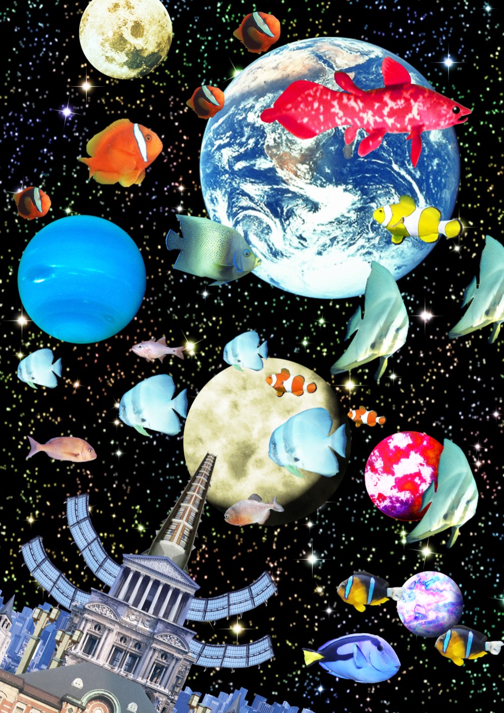 花火と、宇宙「オリジナルイラスト絵画」A4サイズ 花火と、宇宙「オリジナルイラスト絵画」A4サイズ