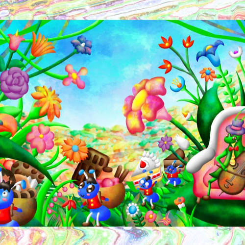 猫とインコとイングリッシュコッカーのいる寝室」 アクリル画 原画 F8