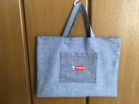 １点限定★クロスステッチ刺繍：バス★レッスンバッグ／＊入園入学・通園通学＊／ 2枚目の画像