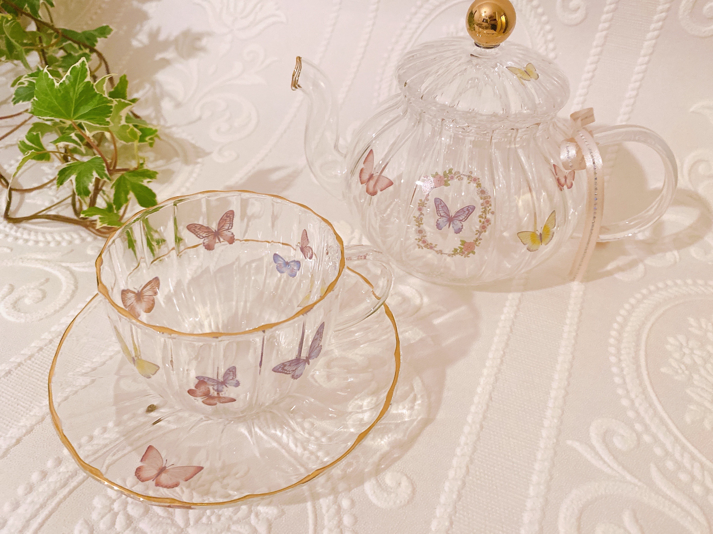 可愛いガラスのティーポットとティーカップセット♡