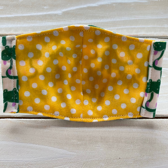 【送料無料！】カバちゃんダブルガーゼ立体マスク（キッズサイズ）緑×黄 2枚目の画像