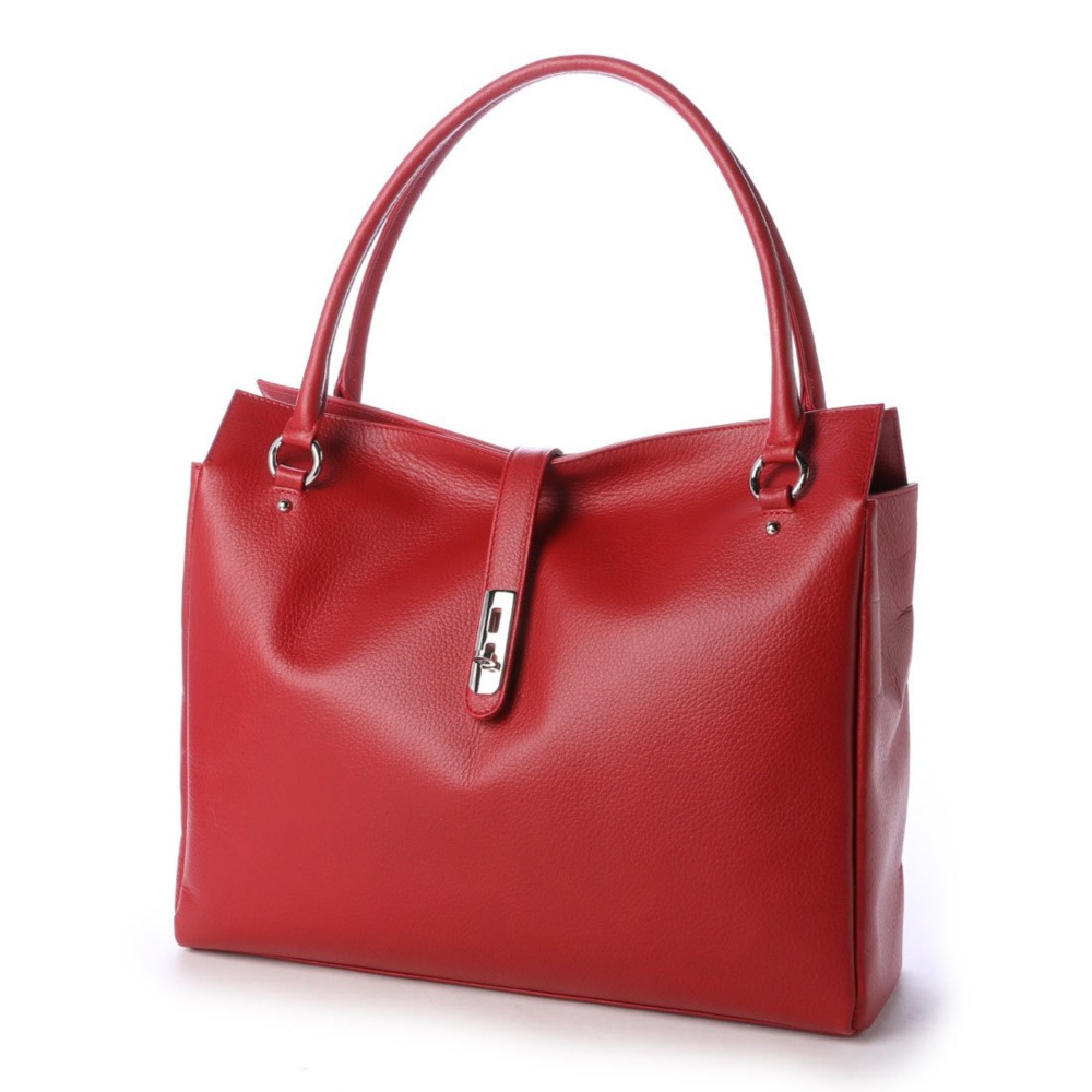 オール牛革 本革バッグ トートバッグ ハンドバッグ ヒネリ金具付き 軽量 リアル シュリンクレザー レッド