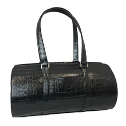 全牛皮真皮包，圓柱形鱷魚紋波士頓包，輕便，真皮，黑色 第1張的照片