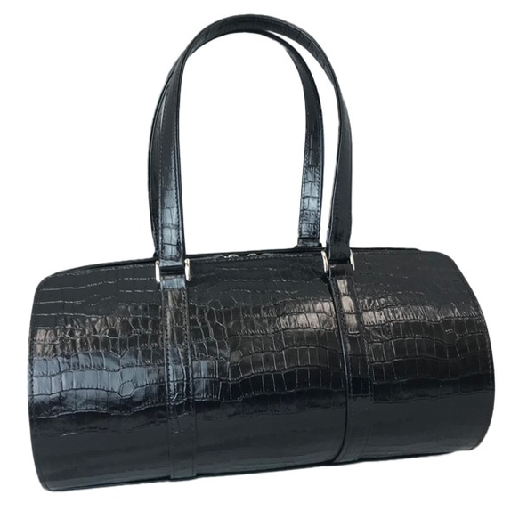 全牛皮真皮包，圓柱形鱷魚紋波士頓包，輕便，真皮，黑色 第2張的照片