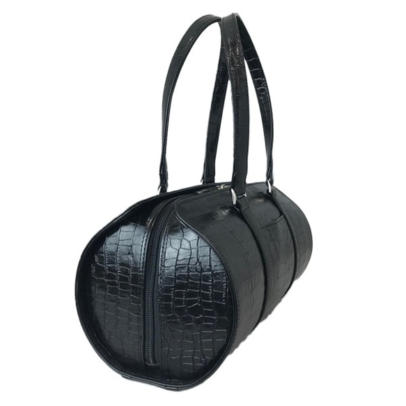 全牛皮真皮包，圓柱形鱷魚紋波士頓包，輕便，真皮，黑色 第4張的照片