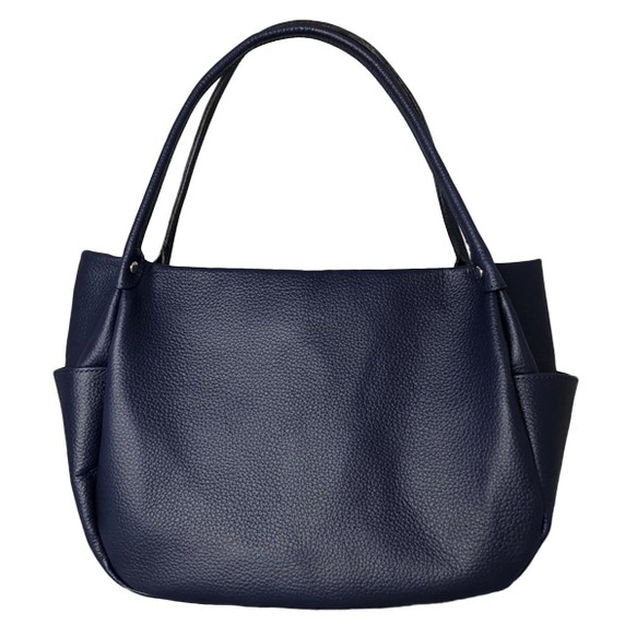 日本製造：全牛皮材質，頂部拉鍊，真皮包，輕便，真皮收縮皮手提包，墨藍色 第1張的照片