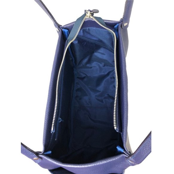 日本製造：全牛皮材質，頂部拉鍊，真皮包，輕便，真皮收縮皮手提包，墨藍色 第4張的照片