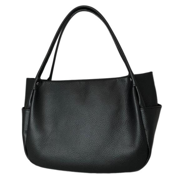 日本製造：全牛皮真皮手提包，頂部拉鍊，輕便，真皮收縮皮手提包，黑色 第1張的照片