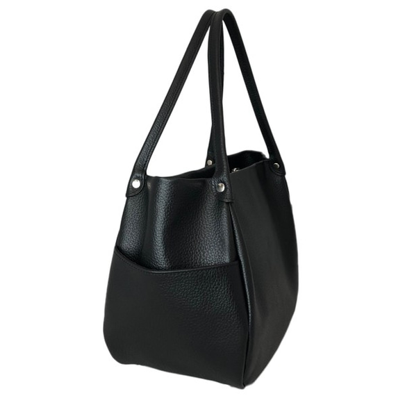 日本製造：全牛皮真皮手提包，頂部拉鍊，輕便，真皮收縮皮手提包，黑色 第2張的照片