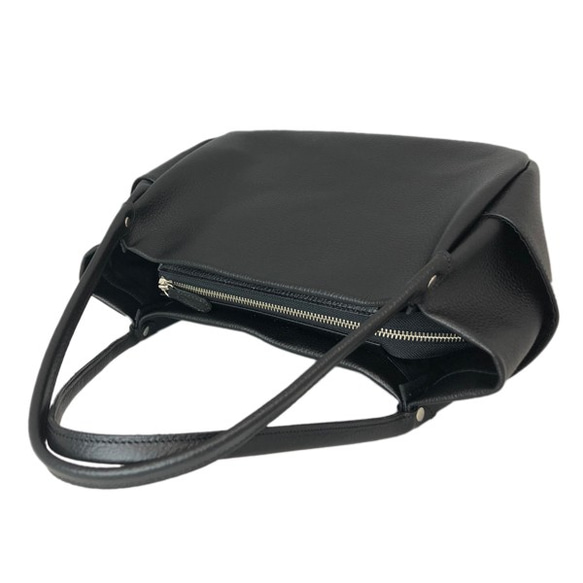 日本製造：全牛皮真皮手提包，頂部拉鍊，輕便，真皮收縮皮手提包，黑色 第3張的照片