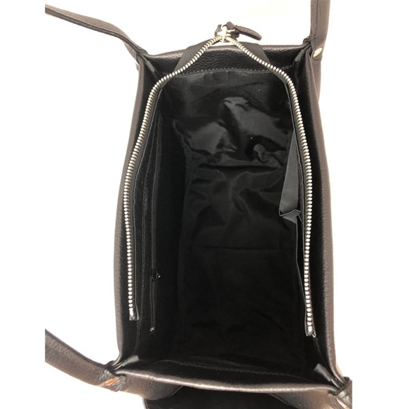 日本製造：全牛皮真皮手提包，頂部拉鍊，輕便，真皮收縮皮手提包，黑色 第4張的照片