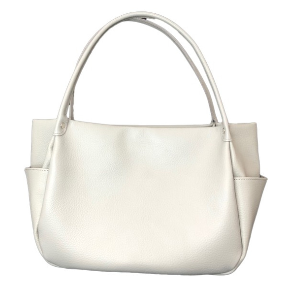 日本製造：全牛皮材質，頂部拉鍊，真皮包，輕便，真皮收縮皮手提包，淺灰色 第1張的照片