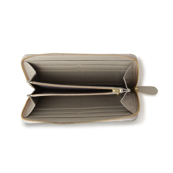義大利皮革圓形拉鍊長皮夾，縮水皮革，大容量，淺灰色 第2張的照片