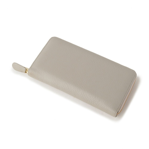 義大利皮革圓形拉鍊長皮夾，縮水皮革，大容量，淺灰色 第5張的照片