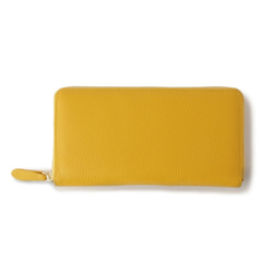 【義大利皮革】圓形拉鍊長錢包，收縮皮革，充足的儲存空間，檸檬黃 第1張的照片