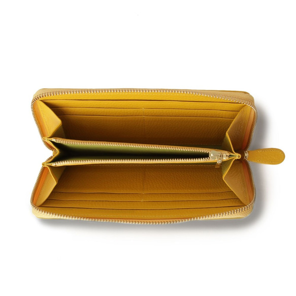 【義大利皮革】圓形拉鍊長錢包，收縮皮革，充足的儲存空間，檸檬黃 第2張的照片