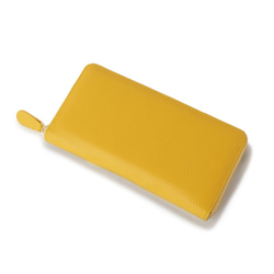【義大利皮革】圓形拉鍊長錢包，收縮皮革，充足的儲存空間，檸檬黃 第4張的照片