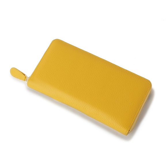 【義大利皮革】圓形拉鍊長錢包，收縮皮革，充足的儲存空間，檸檬黃 第4張的照片