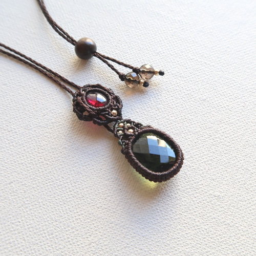 モルダバイト＆ガーネットのマクラメペンダント2ways ネックレス