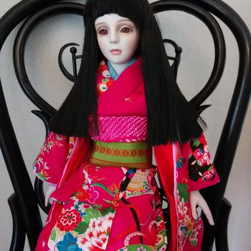 創作ビスクドール人形 アンティーク桃色の着物の女の子 その他人形
