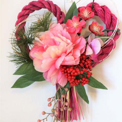 ハート♥型のアートフラワーお正月飾り・しめ縄 しめ縄・しめ飾り