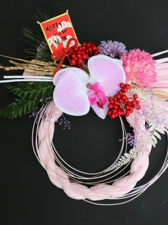 お急ぎ発送　高級アートフラワーお正月飾り・しめ縄  ピンク胡蝶蘭 4枚目の画像