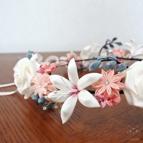 薔薇・百合・ダリアの花冠❖ホワイト＆ピンク つまみ細工の髪