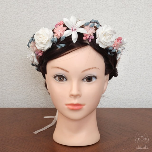 薔薇・百合・ダリアの花冠❖ホワイト＆ピンク つまみ細工の髪
