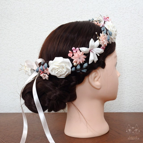 薔薇・百合・ダリアの花冠❖ホワイト＆ピンク つまみ細工の髪