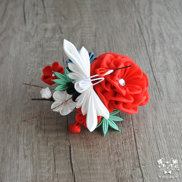 鶴と牡丹と松竹梅✤コーム つまみ細工 髪飾り 訪問着・結婚式