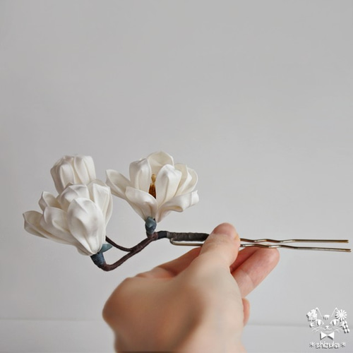 白木蓮（マグノリア）◈かんざし つまみ細工 髪飾り お花見・卒業式