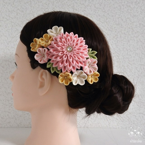 秘密の花園❈コーム　« 桃×黄»　つまみ細工の髪飾　成人式・卒業式・お呼ばれ 5枚目の画像
