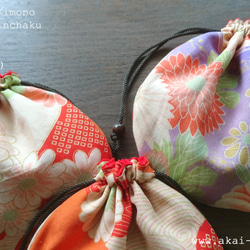 ビンテージ着物の手毬巾着⦿Orange Floral 3枚目の画像