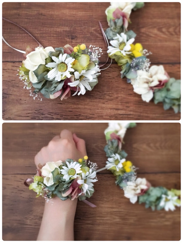 春季花冠（雛菊），腕帶和胸花3件套 第4張的照片