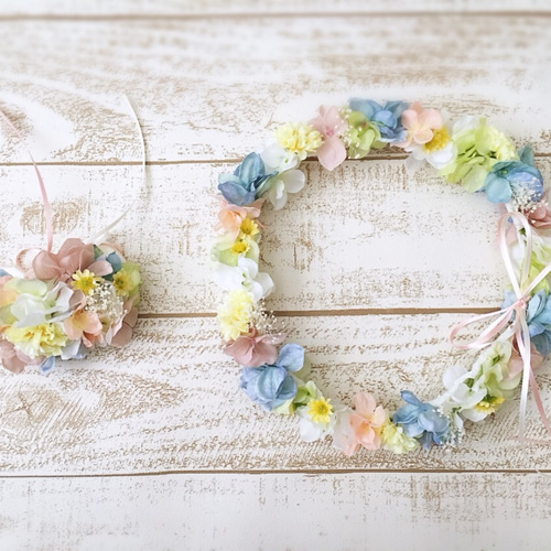 パステルカラーの花冠＆リストブーケ2点セット ヘッドドレス 