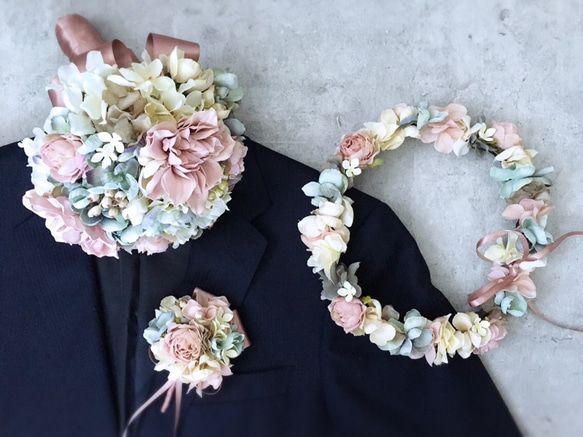 花冠、ブーケ、ブートニア 3点セット